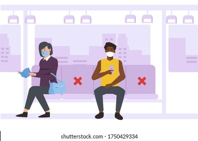 Two people, black man and white woman are both sitting on a public transportation. Because of Covid19 pandemic, they need to keep their distance and wearing face masks.