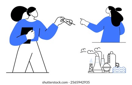 Two people in blue attire engaging in conversation, consulting about a factory with industrial equipment. Ideal for business, engineering, teamwork, industry, and consultation themes. Clean modern