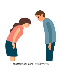 Two people bowing head and greeting. Thankful or respect expression. Asian as Korean or Japanese polite greeting.