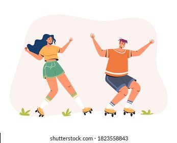 Two people boy girl roller blading concept. Vector flat graphic design illustration