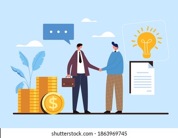 Dos personas, hombre de negocios y trabajador, se dan la mano. El acuerdo de contrato inicia el concepto de dinero de idea. Ilustración de diseño gráfico plano vectorial