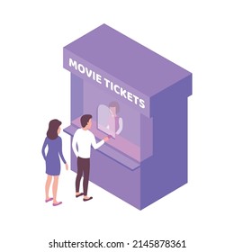 Two people buying tickets at cinema box office isometric 3d vector illustration