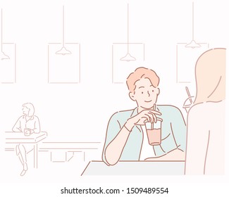 Two people in cafe enjoying the time spending with each other. Hand drawn style vector design illustrations.