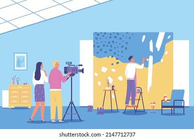 Two people with camera shooting artist painting in studio flat background vector illustration