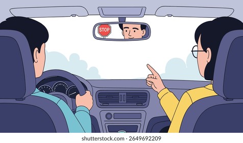 Two people are in the car for driving lesson the instructor is pointing at something and the student is driving
