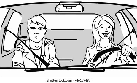 Two People In The Car. The Female Driver And The Male Passenger In The Car. Woman Driving. Black And White Vector Sketch. Simple Drawing.