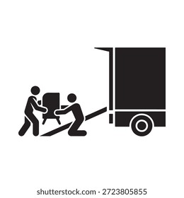 Dos personas levantando y cargando cuidadosamente una caja en una rampa de remolque