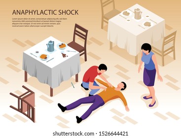 Two people caring of man with allergy and anaphylactic shock lying on floor in restaurant 3d isometric vector illustration