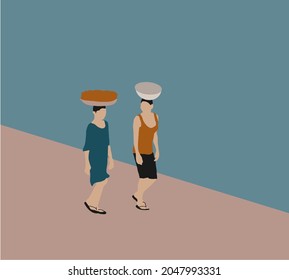 Two people carries a basket of things on his head on street. Vector portrait of Two African.