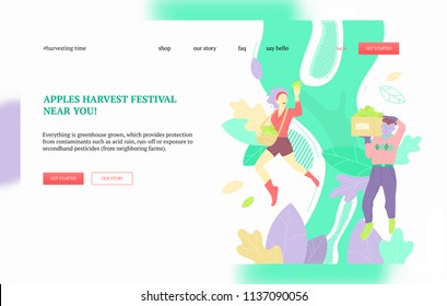 Two people carrying box and bag full of apples. Harvest festival concept. Landing page or web banner vector template.