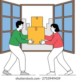 Two people carrying boxes through a doorway