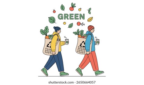 Two people carrying reusable grocery bags filled with fresh produce and drinks walking in unison towards a healthier lifestyle