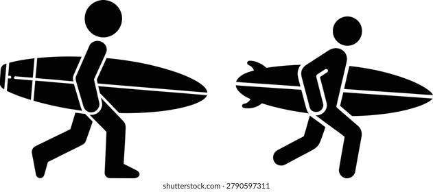 Two people carrying surfboards walking towards beach