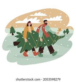 Two people carrying together a big Christmas tree from market. Vector illustration in flat style. Celebration holiday, new year, home decoration. Preparation to holiday, season, winter, snowy day.