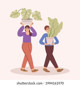 two people are carrying a tree planted in a small pot.  flat design style minimal vector illustration. Cartoon vector illustration. Vector illustrations about gardening isolated on white background. 