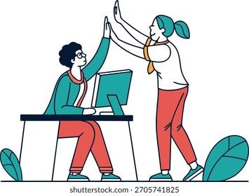 Two people celebrating success at a computer desk