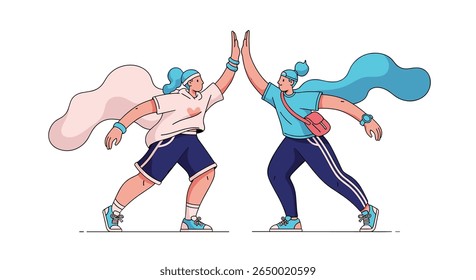 Two people celebrating success with a high five and flowing capes representing teamwork and achievement in a modern illustration style