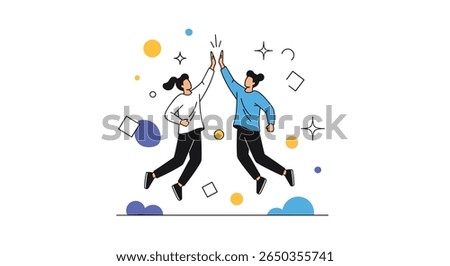 Two people celebrating success jumping and high fiving each other happily
