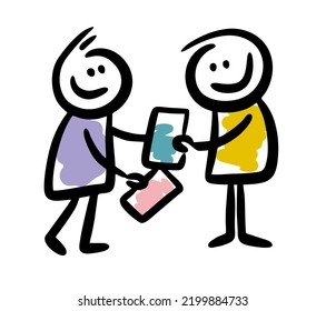 Dos personas cambiando la ilustración del doodle de libros. Esbozo dibujado a mano de la acción de cruzar libros.