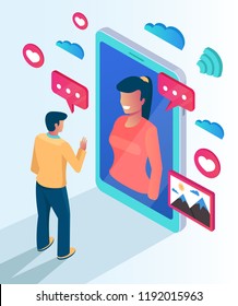 Two people character communicate talking by website smartphone. Online computer phone pc networking date meeting concept. Vector flat cartoon isolated illustration