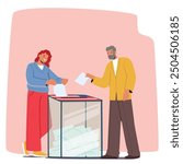 Two People Characters Casting Their Votes At A Polling Station. The Image Conveys A Sense Of Civic Duty, Participation, And Democracy. Cartoon Vector Illustration Promoting The Importance Of Voting