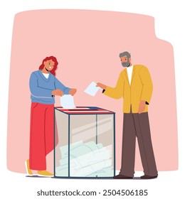 Two People Characters Casting Their Votes At A Polling Station. The Image Conveys A Sense Of Civic Duty, Participation, And Democracy. Cartoon Vector Illustration Promoting The Importance Of Voting