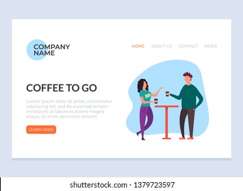 Two people characters man and woman taking break and drinking coffee. Drinks to go cafe concept. Vector flat graphic design illustration