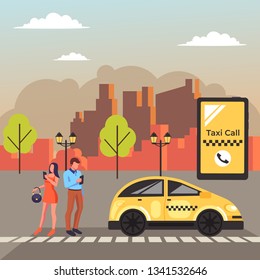 Two people characters waiting taxi cab. Online application city urban transport concept. Vector design graphic flat cartoon illustration