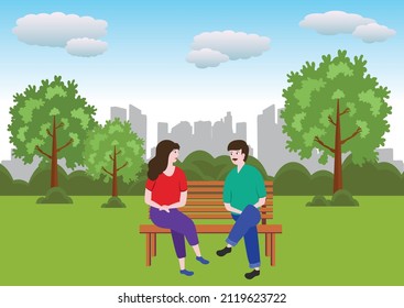Two people at the city park sitting on a bench vector illustration