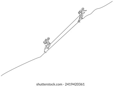 two people climb hiking top hill rope security activity sport lifestyle one line art design vector