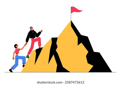 Two People Climbing Mountain in Flat Vector Illustration Symbolizing Teamwork, Leadership, Success, and Achievement, Isolated on White Background