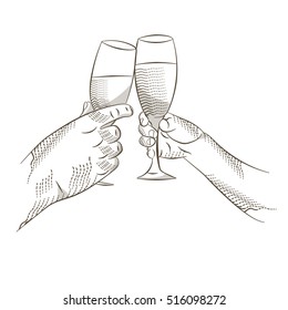 Two people clink glasses. Two hands make a toast.