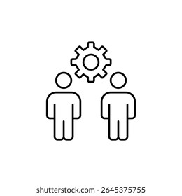Two people and cogwheel. Shared settings, team configuration, collaborative management, user permissions, multi-user control. Pixel perfect, editable stroke vector icon