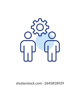 Two people and cogwheel. Shared settings, team configuration, collaborative management, user permissions, multi-user control. Pixel perfect, editable stroke vector icon