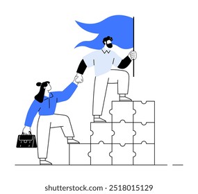 Two people collaborate to climb stacked puzzle pieces, one holding a flag and helping the other ascend. Ideal for teamwork, leadership, goal achievement, support, collaboration. Simple cartoon style.