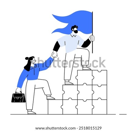Two people collaborate to climb stacked puzzle pieces, one holding a flag and helping the other ascend. Ideal for teamwork, leadership, goal achievement, support, collaboration. Simple cartoon style.