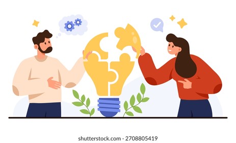 Zwei Menschen arbeiten zusammen, um eine Glühbirne aus Puzzleteilen zu vervollständigen, die kreative Teamarbeit, Innovation und Ideengenerierung symbolisiert, einzeln auf weißem Hintergrund, Vektorgrafik