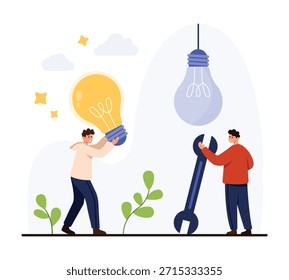 Dos personas colaboran con una bombilla gigante y una llave inglesa que simbolizan la innovación, el trabajo en equipo, la creatividad y la resolución de problemas, el inicio de negocios o la lluvia de ideas aisladas en el Vector de fondo blanco