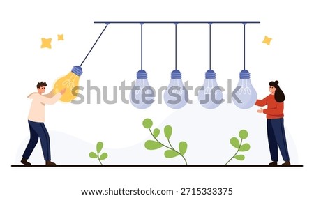 Two people collaborate to spark innovation with bright light bulbs symbolizing fresh ideas teamwork and creative beginnings, business or education on white background vector illustration