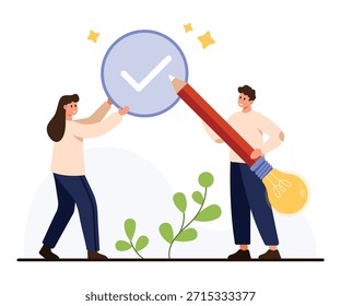Dos personas colaboran usando un lápiz gigante y una bombilla para completar un proyecto creativo, simbolizando el trabajo en equipo, el progreso de la idea y la innovación aislada en la Ilustración vectorial de fondo blanco