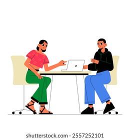 Two People Collaborating At A Desk With A Laptop In Flat Vector Illustration Symbolizing Teamwork And Collaboration, Isolated On White Background