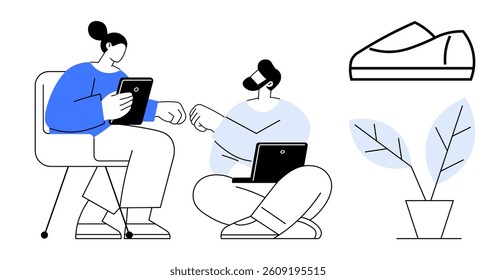 Two people collaborating with electronic devices, one sitting on a chair with a tablet, the other on the floor with a laptop. Ideal for teamwork, remote work, tech use, education, meetings, casual