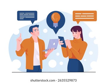 Two people collaborating with laptop and tablet, modern flat graphic style, light abstract background, concept of teamwork, communication and idea sharing. Vector illustration