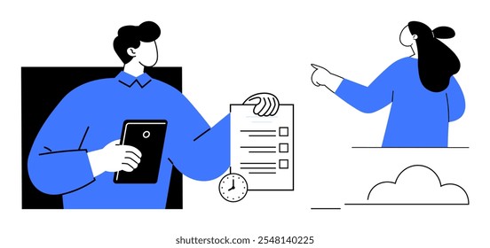 Two people collaborating in a minimalist setting. One person holding a clipboard and document, another pointing towards the sky. Ideal for team collaboration, business planning, communication
