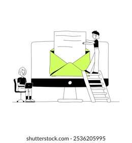  Duas Pessoas Que Colaboram No Gerenciamento De E-Mail Usando Uma Tela Grande Em Ilustração De Vetor Plano, Simbolizando A Comunicação On-Line E Tarefas Digitais, Isoladas No Plano De Fundo Branco.