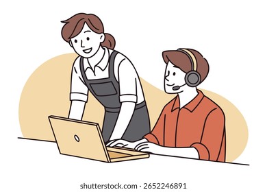 Two people are collaborating on a laptop. One person is wearing a headset, suggesting they are involved in communication or customer service.