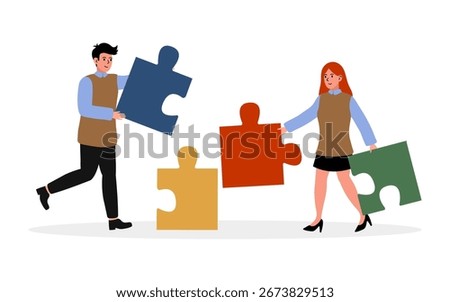 Two people collaborating on a puzzle in a creative workspace