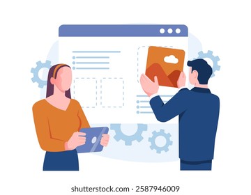 Two people collaborating on web design, one holding a tablet and another placing an image on a website interface. Abstract background with gears. Concept of UX UI development. Vector illustration