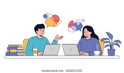Two people collaborating remotely on a project discussing ideas and sharing knowledge using laptops and communication tools