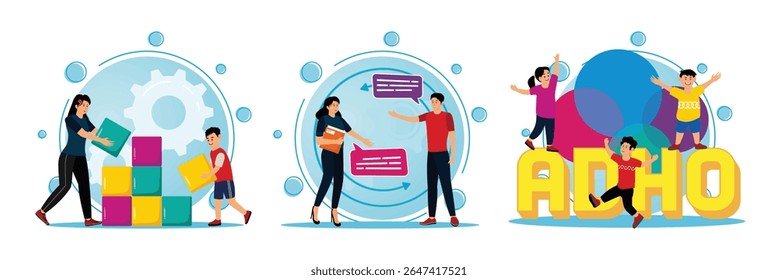 Two people collaboratively stacking colorful blocks. Two People exchanging ideas represented by speech bubbles. ADHD, Joyful children jumping on bold letters surrounded by vibrant colors and bubbles.